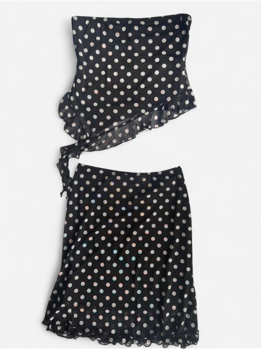 See You Monday Black Polka Dot Mesh Matching Tube Top Skirt Set - Size XL - New